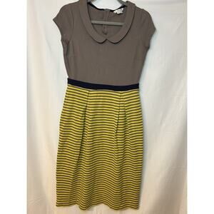 Boden Women Lila Dress 8L Gray Yellow Striped Peter Pan Collar Cap Sleeve Retro